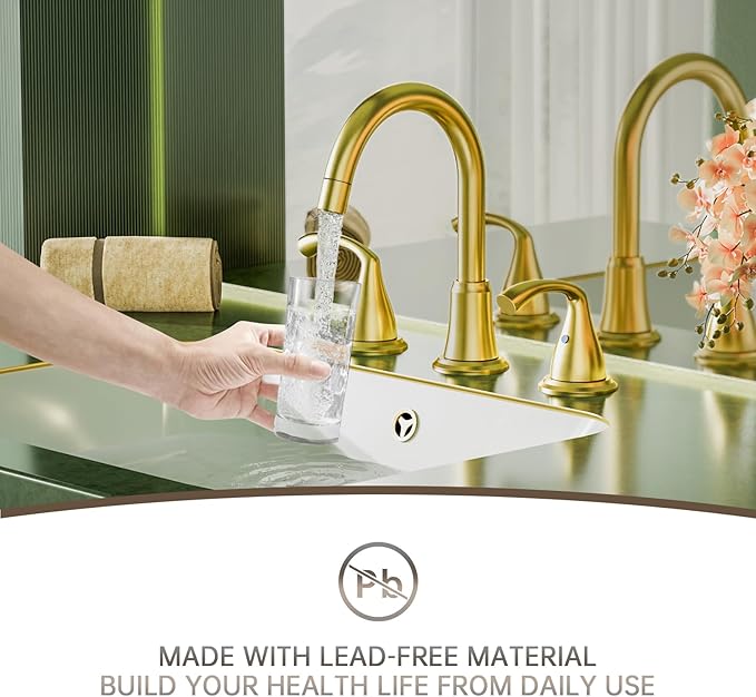 Phiestina Brushed Gold Farmhouse Rotatable Bathroom Faucet - 8 Inch Widespread 3-Hole with Pull-Out Sprayer, Lead-Free Stainless Steel, Metal Pop-Up Drain, Water Supply Lines, 2 Handles,WFJC180CL-BG