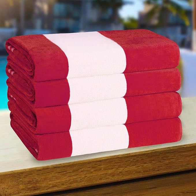 Superior Cotton Striped Beach Towels, Colorful Towels for Adult, Kid, Pool, Swimming, Sand, Travel, Large Oversized, Absorbent, Fast Drying, Bath Basics, Cabana Collection, Set of 4, Red