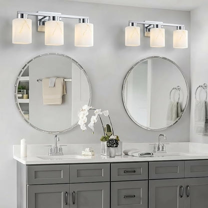 3-Light Square Bathroom Light Fixture, Chrome Modern Vanity Light with White Marble Glass Shade, for Bathroom Mirror, Living Room, Bedroom, Hallway, E26 Base