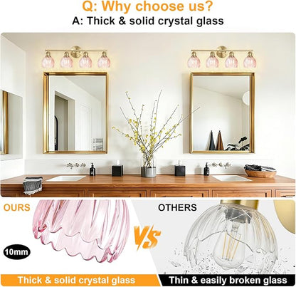 Bathroom Light Fixtures, 4-Light Brushed Gold Vanity Lights for Bathroom with Pink Tulip Glass Shade, 26" Vintage Bathroom Vanity Lighting Fixtures Over Mirror for Bedroom Living Room Hallway