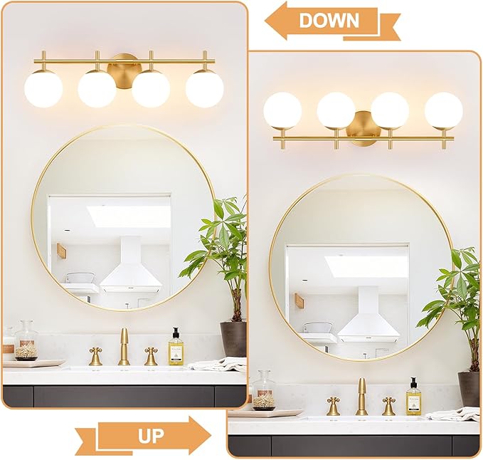4-Light Bathroom Light Fixtures, Brushed Gold Vanity Lights for Bathroom with Milky White Glass Shade, Bathroom Lighting Fixtures Over Mirror, Wall Sconce for Bedroom (Bulb Not Included)
