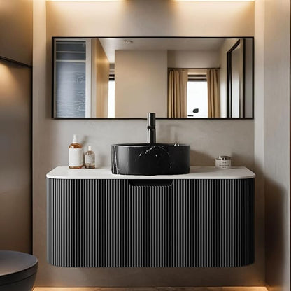 36" Floating Bathroom Vanity with Sink, Natural Solid Wood Modern Storage Cabinet with Ultra-Thin Stone Pattern Ceramic Basin and Marble Top, Soft-Close Design, Pre-Assembled, Gloss Black