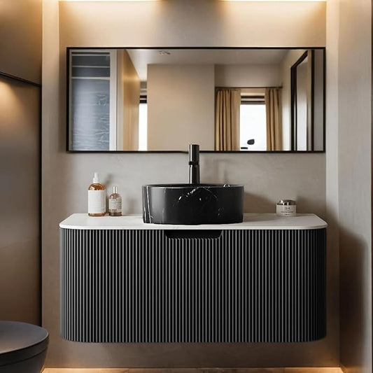 36" Floating Bathroom Vanity with Sink, Natural Solid Wood Modern Storage Cabinet with Ultra-Thin Stone Pattern Ceramic Basin and Marble Top, Soft-Close Design, Pre-Assembled, Gloss Black