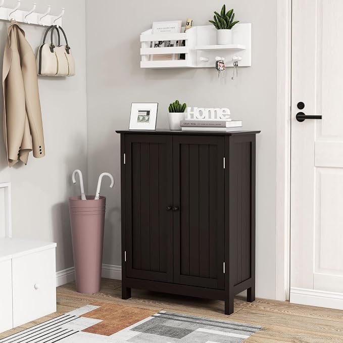 COSTWAY Bathroom Storage Cabinet, Freestanding Bathroom Organizers and Storage with Doors & Adjustable Shelf, Wooden Floor Cabinet for Home, Living Room, Entryway, Kitchen (Brown) | Storage with Doors & Adjustable Shelf, Wooden Floor Cabinet for Home, ...