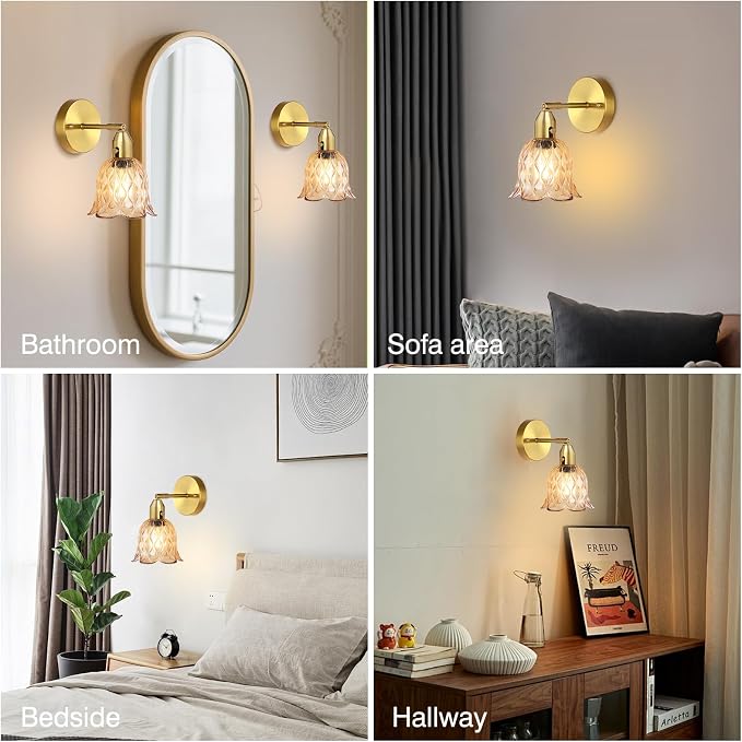 Vintage Wall Sconces Set of 2 - Hardwired Wall Lights with Amber Tulip Glass Shade,Brass Wall Lamps for Bathroom Bedroom Stairway Living Room Corridor(Bulbs Not Included,E26 Socket)