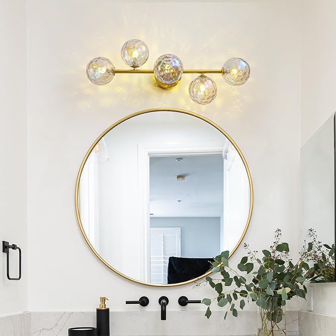 Gold Bathroom Vanity Light Fixtures: Modern Wall Scones With Stained Glass Shades - Globe Makeup Lighting Fixture over Mirror - Brass Ball Powder Room Vanities Lights for Bathroom Bulbs not Included