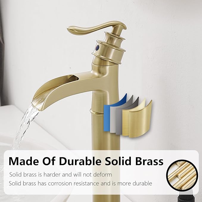 Bathroom Vessel Sink Faucet Waterfall Single Handle Single Hole | Brushed Gold,Brass,Pop Up Drain without Overflow,Supply Line,Easy to Clean,Easy Installation,Rust Resistant,Minimalist Design