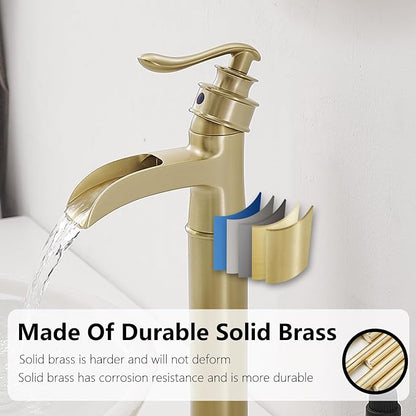 Bathroom Vessel Sink Faucet Waterfall Single Handle Single Hole | Brushed Gold,Brass,Pop Up Drain without Overflow,Supply Line,Easy to Clean,Easy Installation,Rust Resistant,Minimalist Design