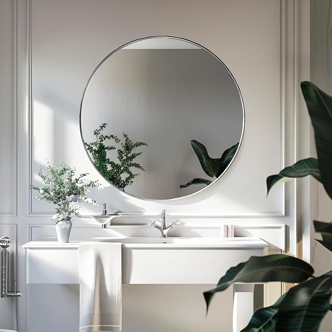 Silver Round Mirror, Circle Mirror 24 inch, Brushed Metal Frame | High Definition Mirror, Waterproof, Sturdy, Circle Mirror for Bathroom, Bedroom, Entryway, Living Room, Wall Décor