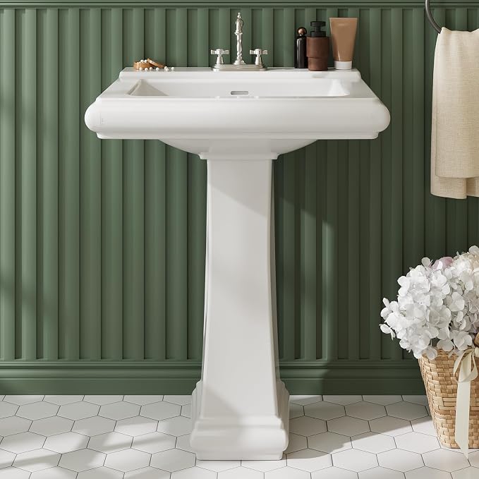 Bathroom Pedestal Sinks,Rectangular Pedestal Sink 26" W X 20" D Modern White Ceramic Bathroom Sink With Overflow and 3 Pre-Drilled Holes - Fits 4-Inch Faucets