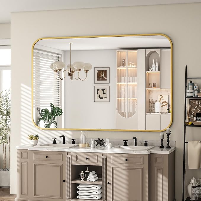 30x48 Inch Gold Bathroom Vanity Mirror for Over Sink | Rectangle Wall Mirror for Bathroom with Round Corner, Hangs Horizontally Vertically for Living Room, Bedroom as Home Decor