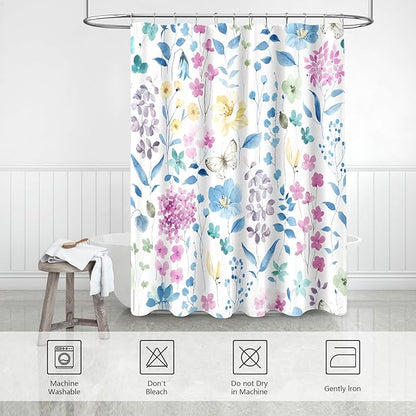 Long Shower Curtain 72 x 78 Inch, Tall Blue Pink Floral Shower Curtains for Bathroom, Watercolor Flower Butterfly Fabric Shower Curtain Set with Hooks