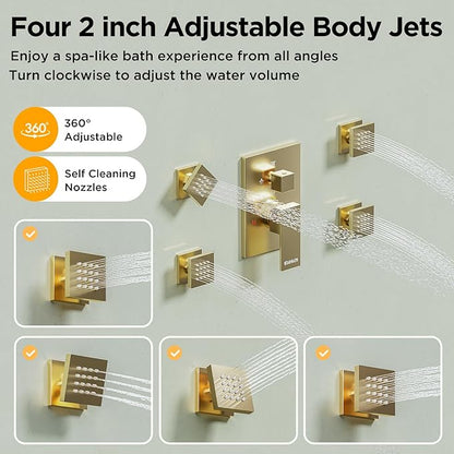 Shower System with 4 Body Spray Jets, STARBATH 4 Way 12 + 6"Rainfall Shower Head with Handheld Combo, Ceiling Mounted Shower Jets System in Wall Shower Faucet Set, Brushed Gold
