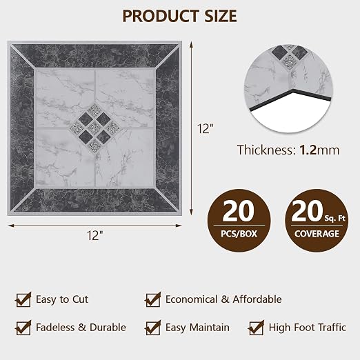 Peel and Stick Floor Tile, 20-Pack 12" x 12" Vinyl Flooring, Waterproof Self-Adhesive Luxury Vinyl Tiles, Easy DIY for Bathroom, Kitchen, Dinning Room, RV, Cover 20 Sq. Marble Diamond