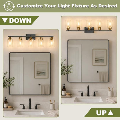 Unicozin Modern Bathroom Light Fixtures, 5 Light Vanity Lights Over Mirror, Black and Gold Wall Lamp with Clear Glass for Living Room Cabinet Bedroom Porch
