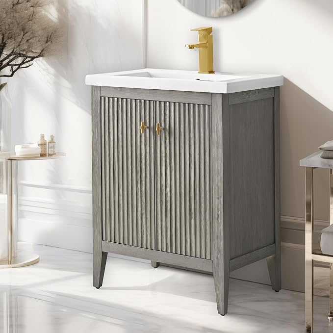 Vanity Art 24 inch Bathroom Vanity with Single Sink & Ceramic Top, Vanity Cabinet with Soft-Closing Door, Solid Wood Frame, Linear Pattern, Driftwood Gray, Golden Brushed Handware VA9124-DG-GB