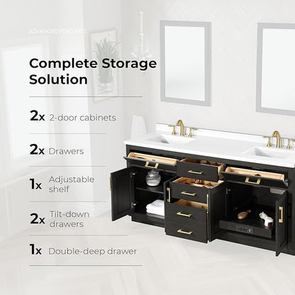 OVE Decors Bailey 72 in. Double Sink Freestanding Matte Black Wood Bathroom Vanity with White Quartz Top, Matching Backsplash and Power Bar