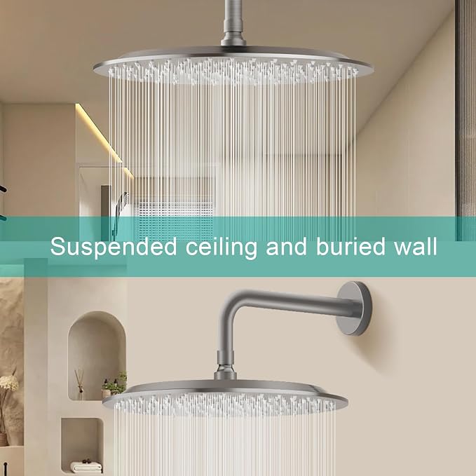 All Metal Rain Shower Head - Heavy Duty Stainless Steel, Easy Install, High Water Flow, Ultra-Thin Modern Design for Bathroom (Brushed Nickel, 12)