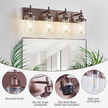 4-Light Bronze Bathroom Light Fixtures Over Mirror, Modern Bathroom Vanity Light with Clear Glass Shade, Wall Sconce for Bathroom Hallway Cabinet Bedroom