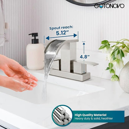 gotonovo Waterfall 4 Inch Centerset Bathroom Sink Faucet 2 Handle Basin Faucets 2 or 3 Hole Deck Mount with Pop Up Drain Included Lavatory Modern Mixer Tap Vanity Faucet Brushed Nickel