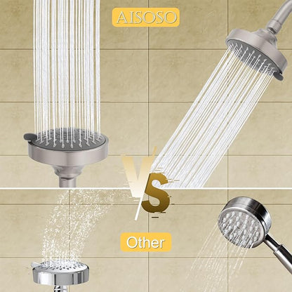 AISOSO High Pressure Rain Shower Head 5 Mode Showerhead 4.1" Brushed Nickel | Low Water Pressure Compatible, Powerful Spray Fixed Showerhead for a Relaxing Indoor & Outdoor Shower