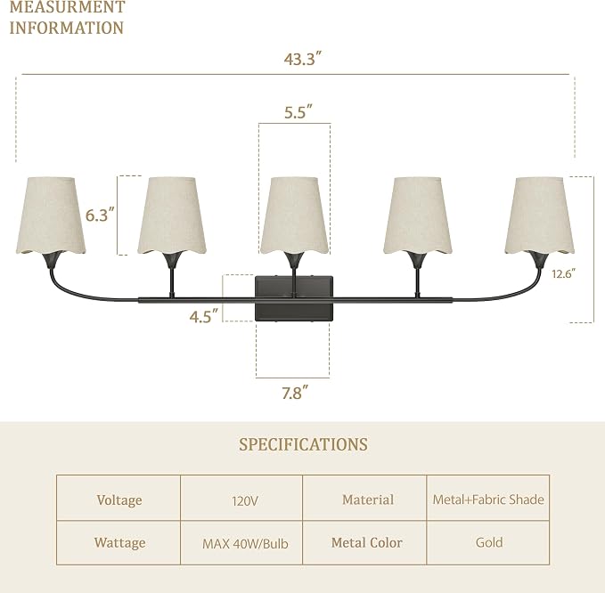 Morauroral Bathroom Light Fixtures Over Mirror, 5 Light Vanity Light for Bathroom, Black Vanity Light Fixtures with Fabric Linen Shade, E26 Socket Sconce Wall Decor(ETL Listed)