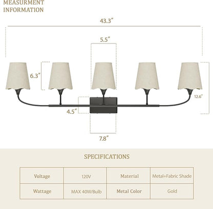 Morauroral Bathroom Light Fixtures Over Mirror, 5 Light Vanity Light for Bathroom, Black Vanity Light Fixtures with Fabric Linen Shade, E26 Socket Sconce Wall Decor(ETL Listed)