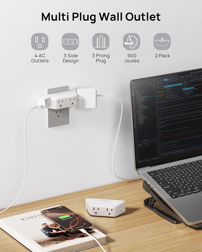 TROND Multi Plug Outlet Extender 2 Pack, Surge Protector Outlet, White | 4 Grounded Sockets, 3 Way Angled Plug Splitter, Space-Saving, 900J, Multiple Wall Adapter for Home Office Travel Dorm Room
