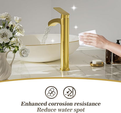 Phiestina Brushed Gold Tall Bathroom Vessel Sink Faucet 2 Pack, Single Hole Single Handle Waterfall Above Countertop Sink Bathroom Faucet, with Pop Up Drain,Water Supply Line, NS-SF01-V-BG-2pack