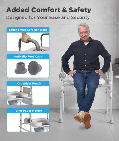 Bedside Commode for Seniors,FSA/HSA Eligible 3-in-1 Commode Toilet | Adjustable Height & Width, 16.5 Inch Soft Seat Plate, Tool-Free Assembly, Durable Aluminum Frame, Use as Raised Toilet