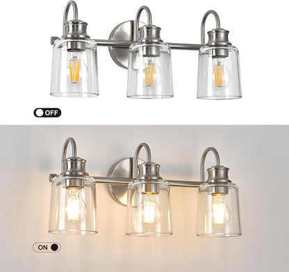 3 Lights Bathroom Light Fixtures Brushed Nickel Vanity Lights | ETL Certificate, Easy to Install,Wall Mount Up or Down,Thickened Glass Lampshade,E26 Socket,Hardwired