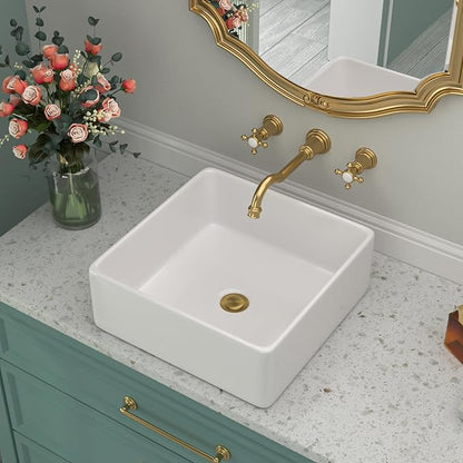 White Bathroom Vessel Sink - Beslend 15x15 Inch White Ceramic Porcelain Square Bathroom Sink Lavatory Modern Art Basin