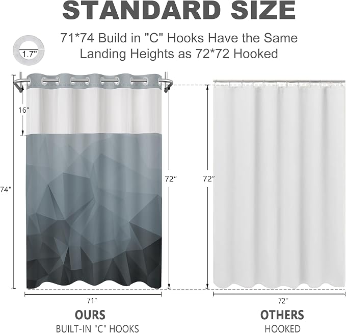 No Hook Shower Curtain with Snap in Liner Set, Grey, 71x74 | Waterproof Fabric for Bathroom, Modern Hotel Style Ombre Design, Mesh Top Window, Machine Washable, Quick Install