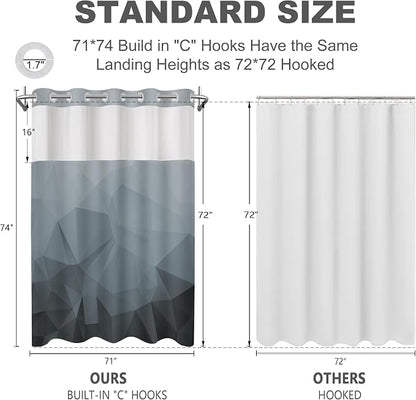 No Hook Shower Curtain with Snap in Liner Set, Grey, 71x74 | Waterproof Fabric for Bathroom, Modern Hotel Style Ombre Design, Mesh Top Window, Machine Washable, Quick Install