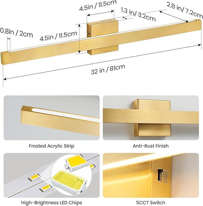Modern Bathroom Vanity Light Gold Bathroom Light Fixture Over Mirror 32 Inch 26W Dimmable 5CCT LED Vanity Light Bar for Bathroom Mirror Cabinets Bedroom