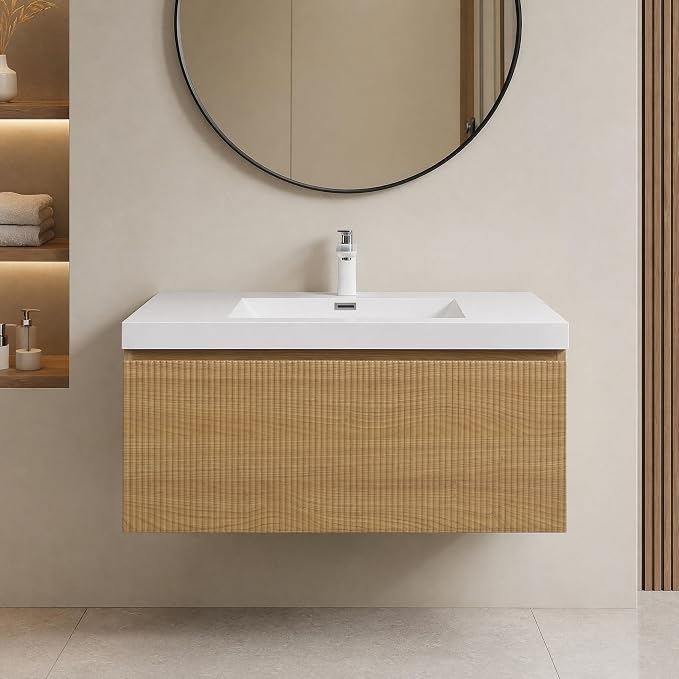 Floating Bathroom Vanity, 36" Wall Mounted Bathroom Cabinet with Glossy White Stone Resin Sink & U-Shaped Soft-Close Drawer, Pre-Assembled Striped Storage Vanity for Bathroom, Natural Wood