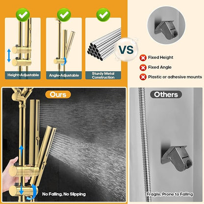 High Pressure Rain Shower Head with Handheld Combo, 10 Inch Square Rainfall Showerhead, Adjustable Slide Bar Dual Shower System, 3 Spray Modes, 59" Stainless Steel Hose, Gold