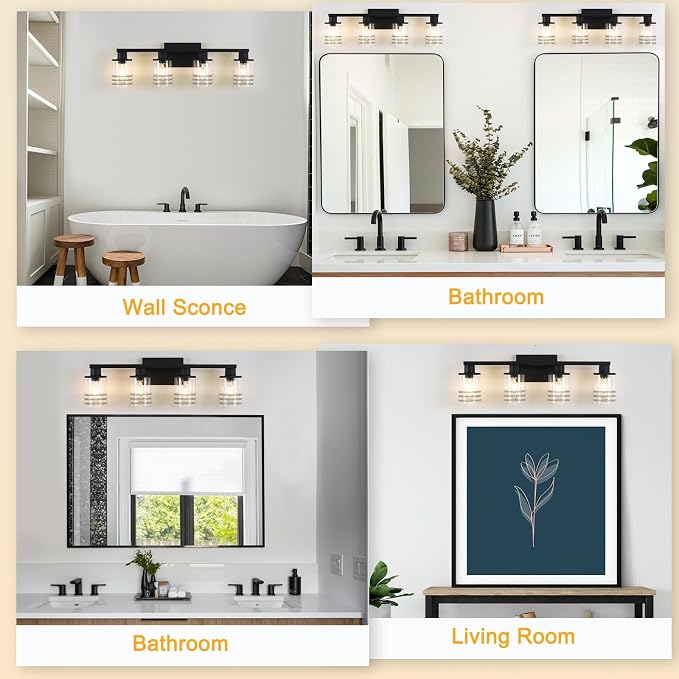 YYT 4 Light Bathroom Light Fixtures Black Vanity Lights for Bathroom Vanity Light Matte Black 4 Light with Clear Glass Shades