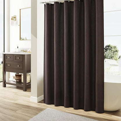 Chocolate Brown Linen Shower Curtain, Country Boho Farmhouse Bath Decor Shower Curtains Neutral Cloth Weighted Textured Fabric Bath Curtain Liner with Hooks, 72x84