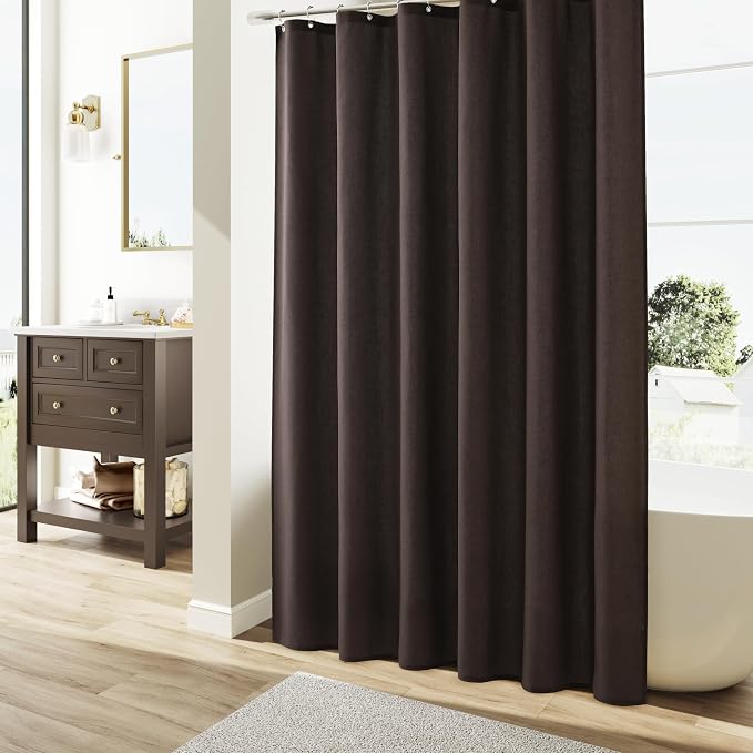 Chocolate Brown Linen Shower Curtain, Country Boho Farmhouse Bath Decor Shower Curtains Neutral Cloth Weighted Textured Fabric Bath Curtain Liner with Hooks, 72x96
