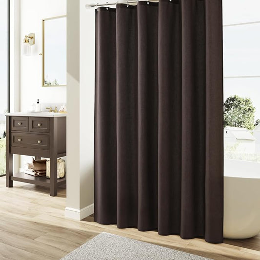 Chocolate Brown Linen Shower Curtain, Country Boho Farmhouse Bath Decor Shower Curtains Neutral Cloth Weighted Textured Fabric Bath Curtain Liner with Hooks, 72x96