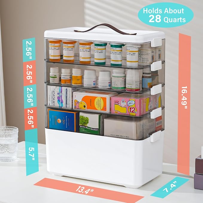 Homaigie Extra Tall 5-Tier Medicine Cabinet Organizer for Medicine Bottles Organizer, Portable Medicine Storage Box with Leather Handle, Empty First Aid Kit Container for Home, Classroom