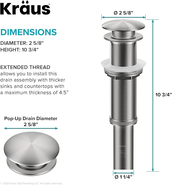KRAUS Bathroom Sink Pop-Up Drain with Extended Thread for Thicker Countertops and Glass Sinks in Spot-Free Stainless Steel, PU-L10SFS