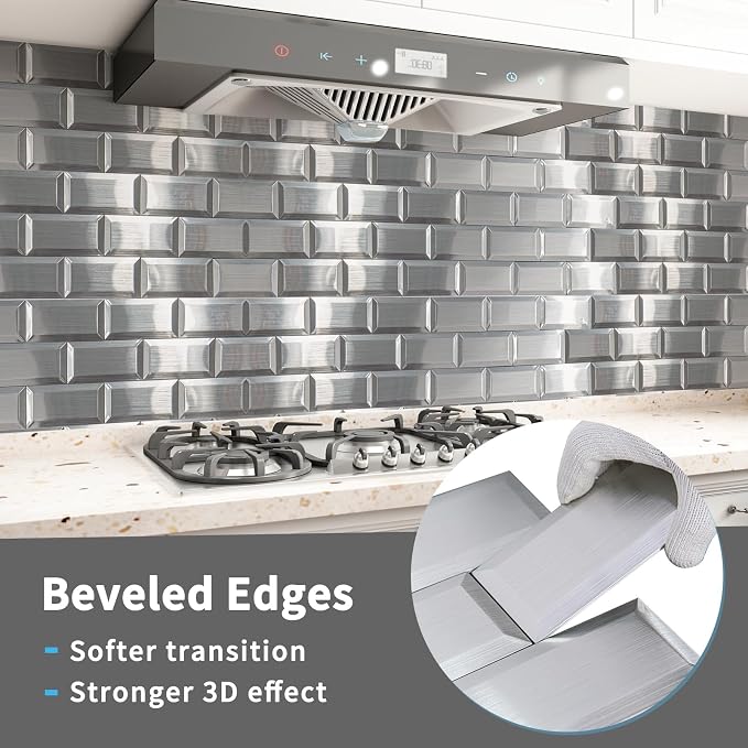 Art3d 100 Pcs Peel and Stick Backsplash Tiles, 3D Textured Metal Stick On Subway Wall Tiles for Kitchen Back Splashes, Bathroom, Laundry Room, 3 x 6 Inch, Stainless (Pack of 2)