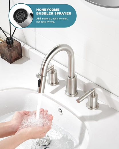 Tohlar Bathroom Faucet with Sprayer, Widespread Bathroom Faucets Brushed Nickel 8 Inch Basin Sink Tap 3 Holes, 2 Handle Vanity Faucet with Pull Out Sprayer Pop Up Drain Assembly Included