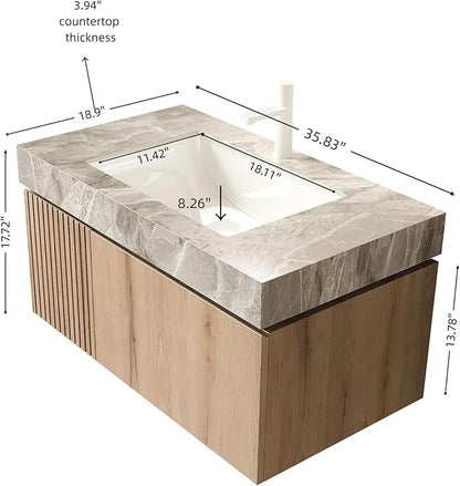 Bathroom Vanity with Sink 36 Inch, Floating Bathroom Vanity Sink Cabinet with Drawer and Door, Undermount Sink & Light Gray Sintered Stone Top, Pre-Assembled, White Oak