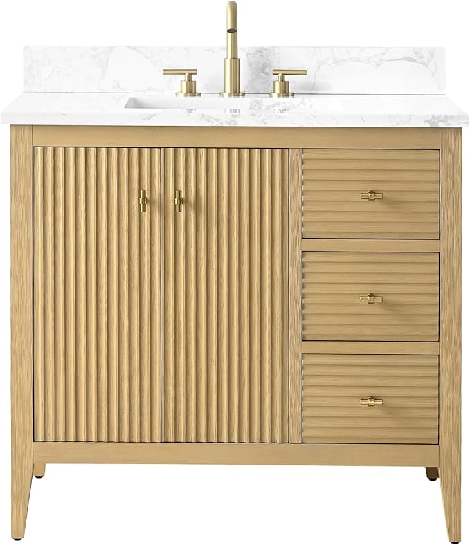 HOMEBEYOND 36" Bathroom Vanity with Sink, Solid Wood Bathroom Vanity Free-Standing Cabinet, Drawers, Ceramic Top & Soft Closing Door, Golden Brushed Handware, Natural Oak