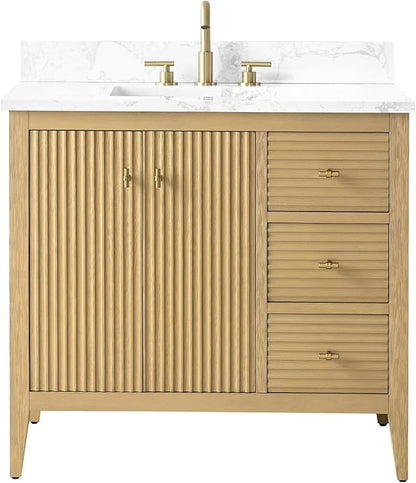 Vanity Art 36 inch Bathroom Vanity with Single Sink & Ceramic Top, Vanity Cabinet with Soft-Closing Door, Solid Wood Frame, Linear Pattern, Natural Oak, Golden Brushed Handware VA9136-NO-GB