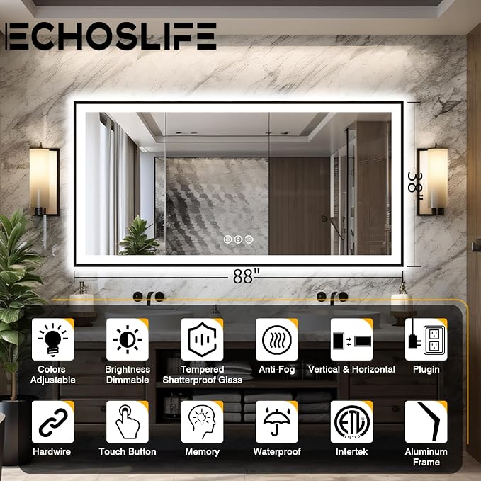 EchosLife Large 88x38 LED Bathroom Mirrors - Black Aluminum Trim | Black Frame, Front and Backlit, Anti-Fog, Stepless Dimmable, 3 Colors, Memory, Tempered Glass, UL Listed, Horizontal/Vertical