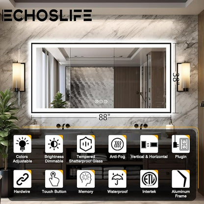 EchosLife Large 88x38 LED Bathroom Mirrors - Black Aluminum Trim | Black Frame, Front and Backlit, Anti-Fog, Stepless Dimmable, 3 Colors, Memory, Tempered Glass, UL Listed, Horizontal/Vertical